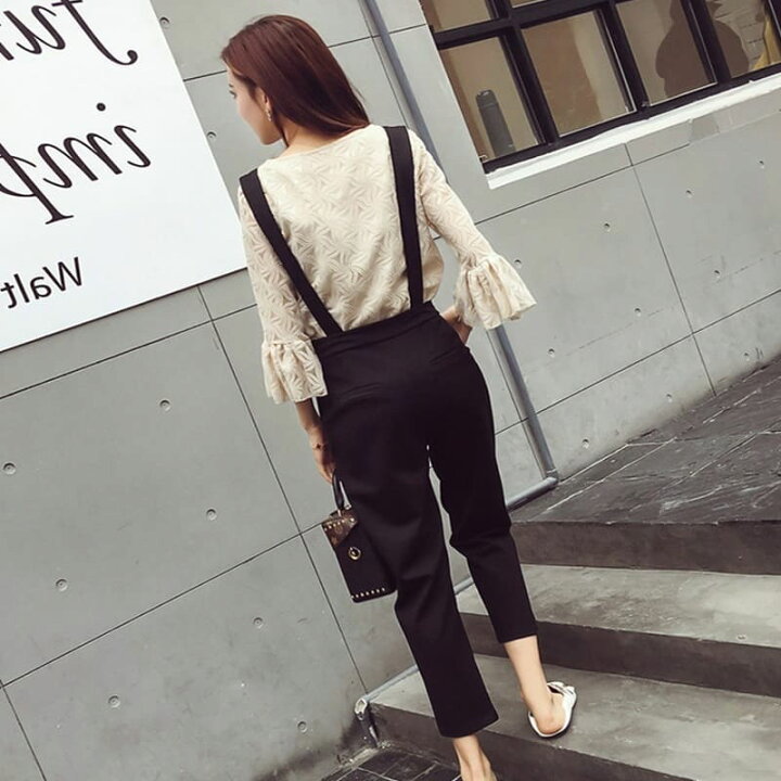 楽天市場 高校生 中学生 ファッション 10代 代 セットアップ レディース 春 秋 セットアップ 長袖 総レース トップス フレア きれいめ サスペンダー 九分丈パンツ 2点セット ボトムス 通勤 着痩せ 5108 Threefashion