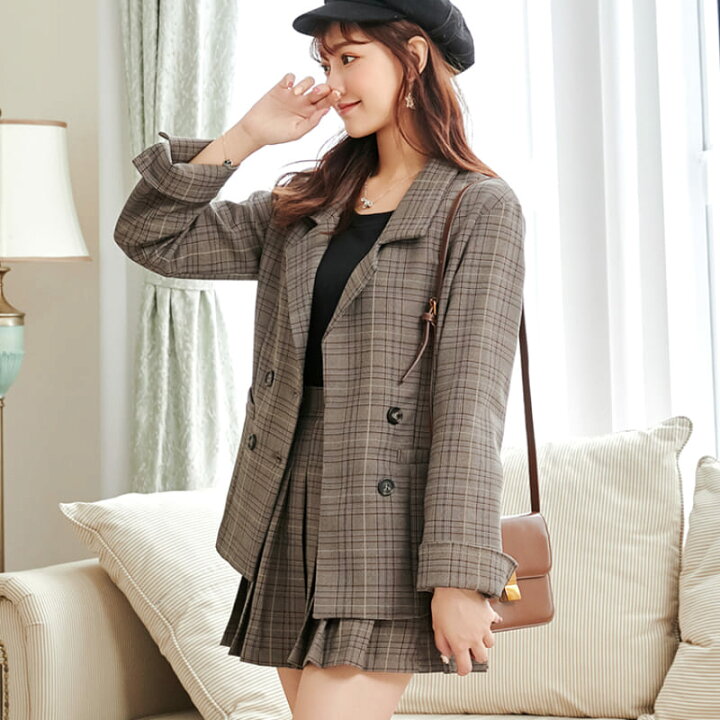 楽天市場 セットアップ レディース 10代 代 高校生 中学生 ガーリー 制服風 コーデ チェック柄 ジャケット プリーツ ミニスカート 大きいサイズ 4698 Threefashion
