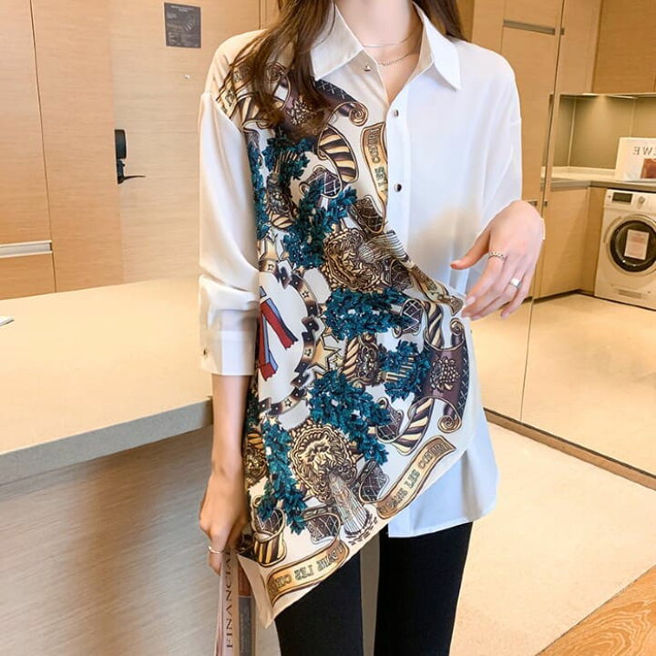 楽天市場 シャツ 長袖 春 夏 ブラウス スカーフ柄 トップス レディース ロング丈 10代 代 30代 40代 ファッション Threefashion