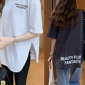 レディース トップス オーバーサイズ Tシャツ カットソー 半袖 ロゴサイドスリット 高校生 中学生 10代 20代 ファッション 11642