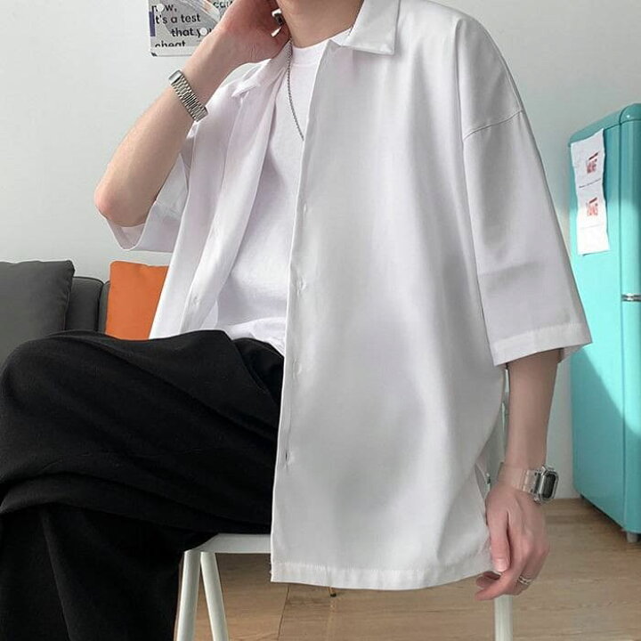 楽天市場 メンズ カジュアル シャツ 高校生 男子高生 男子 トップス 無地 半袖 夏 大きいサイズ ダンス ストリート おしゃれ 韓国 ファッション スタイル 10代 代 30代 Threefashion