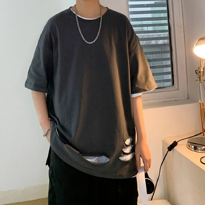楽天市場 メンズ ダメージ Tシャツ 高校生 男子高生 男子 トップス 無地 夏 大きいサイズ ダンス ストリート おしゃれ 韓国 ファッション スタイル 10代 代 30代 Threefashion