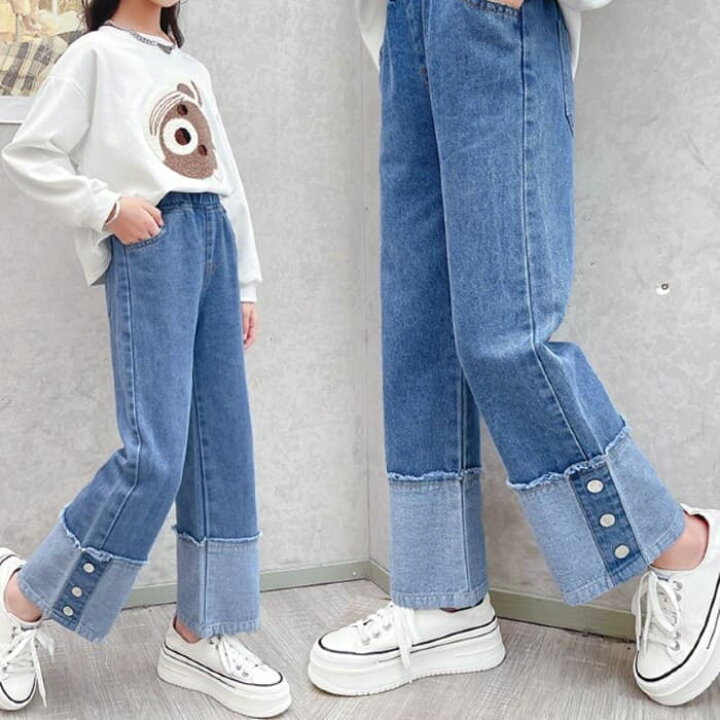 楽天市場 小学生 デニム ロールアップ パンツ ズボン ボトムス 女の子 デニム フレアパンツ ジーパン キッズ 子ども 子供服 ファッション おしゃれ ダンス 通学 Threefashion