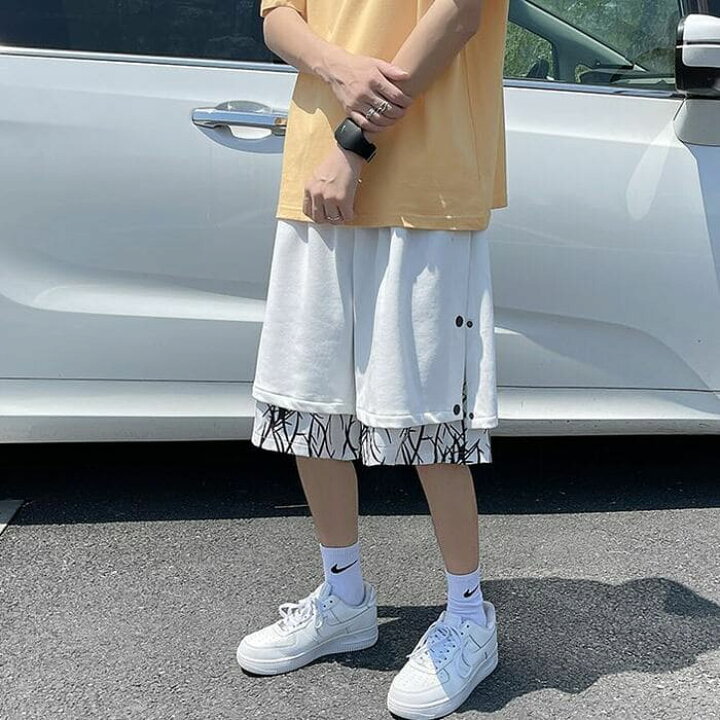 楽天市場 ハーフパンツ メンズ 重ね着風 デザイン サイド ボタン 春 夏 ボトムス 韓国 原宿 ストリート 高校生 中学生 10代 代 ファッション オシャレ Threefashion