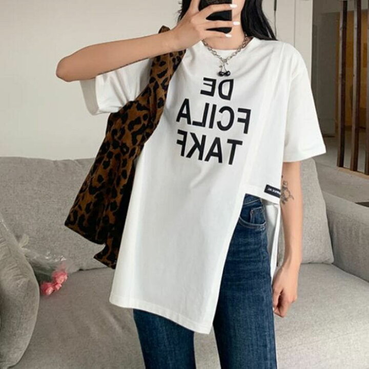 楽天市場 中学生 高校生 ファッション ロゴ Tシャツ 不規則デザイン 夏 半袖 トップス 10代 代 韓国 おしゃれ レディース Threefashion