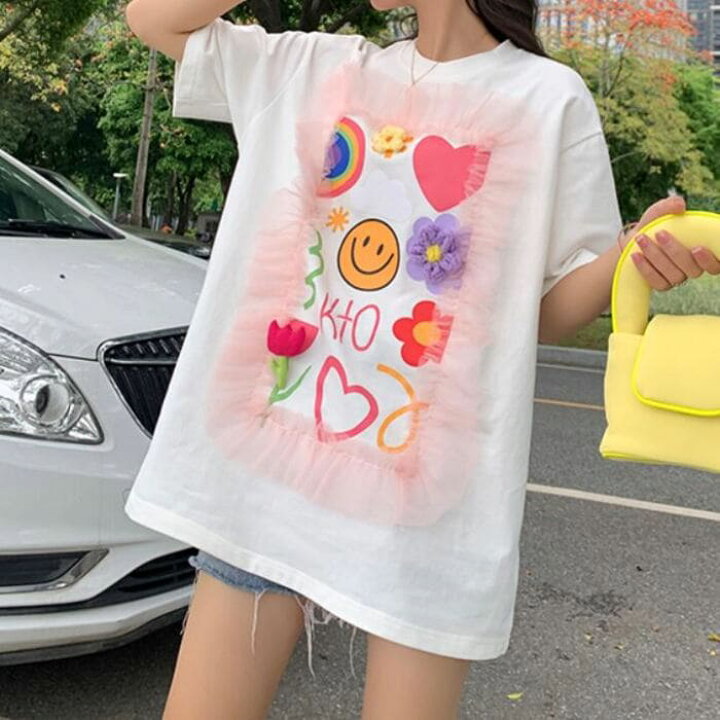 楽天市場 中学生 高校生 ファッション レース プリント Tシャツ カジュアル 通勤 通学 夏 10代 代 韓国 おしゃれ レディース 140 Threefashion