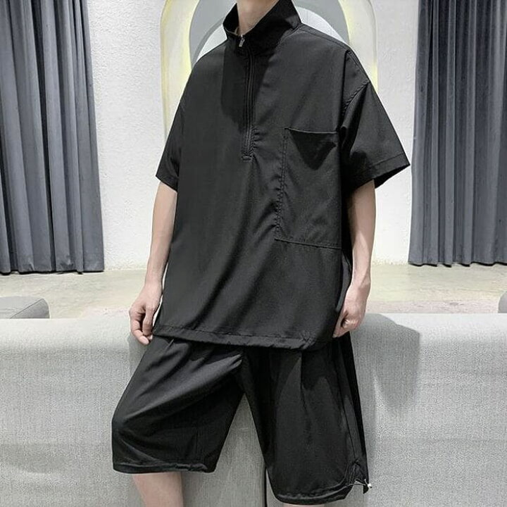 セットアップ メンズ ハーフジップ シャツ ハーフパンツ 夏 カジュアルスーツ サマースーツ 韓国 原宿 ストリート 通勤 高校生 中学生 通学 10代 代 ファッション オシャレ 卓抜