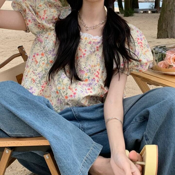 楽天市場 中学生 高校生 ファッション ブラウス クロップド丈 パフスリーブ レースパイピング 甘め トップス カジュアル 通勤 通学 夏 半袖 10代 代 韓国 おしゃれ レディース Threefashion