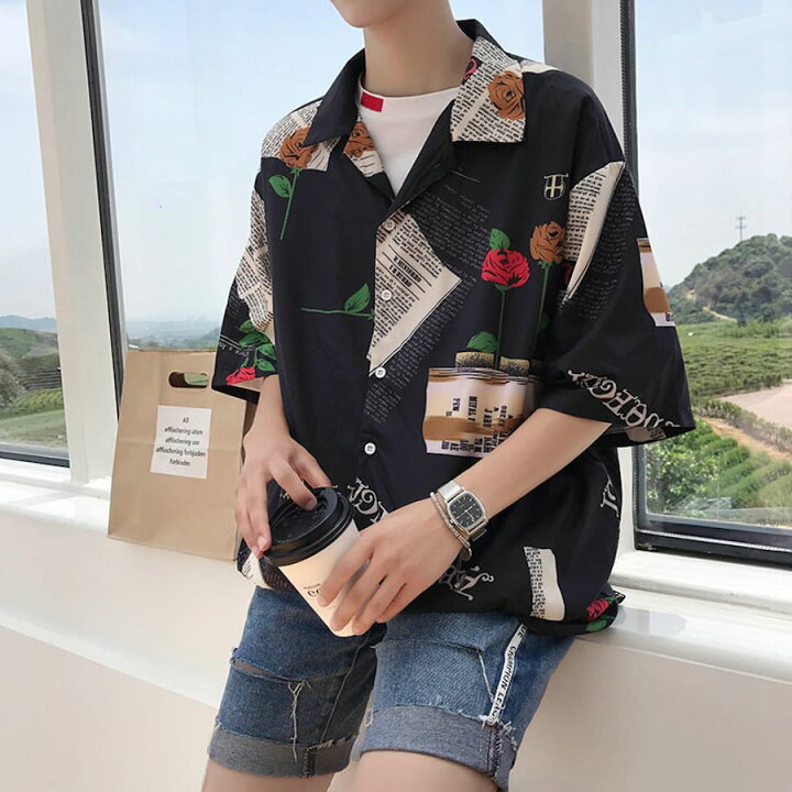 楽天市場 メンズ 半袖シャツ 薔薇プリント オーバーサイズ ルーズ 夏 韓国 高校生 中学生 10代 代 ファッション Threefashion