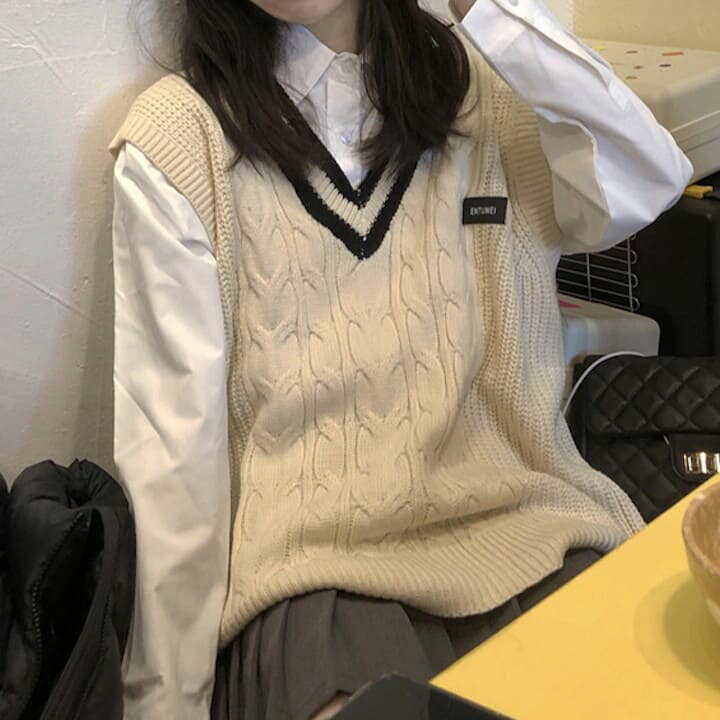 楽天市場 中学生 高校生 ファッション ニット ベスト Vネック 10代 ティーン 通学 韓国 おしゃれ レディース 秋春 長袖 トップス Threefashion