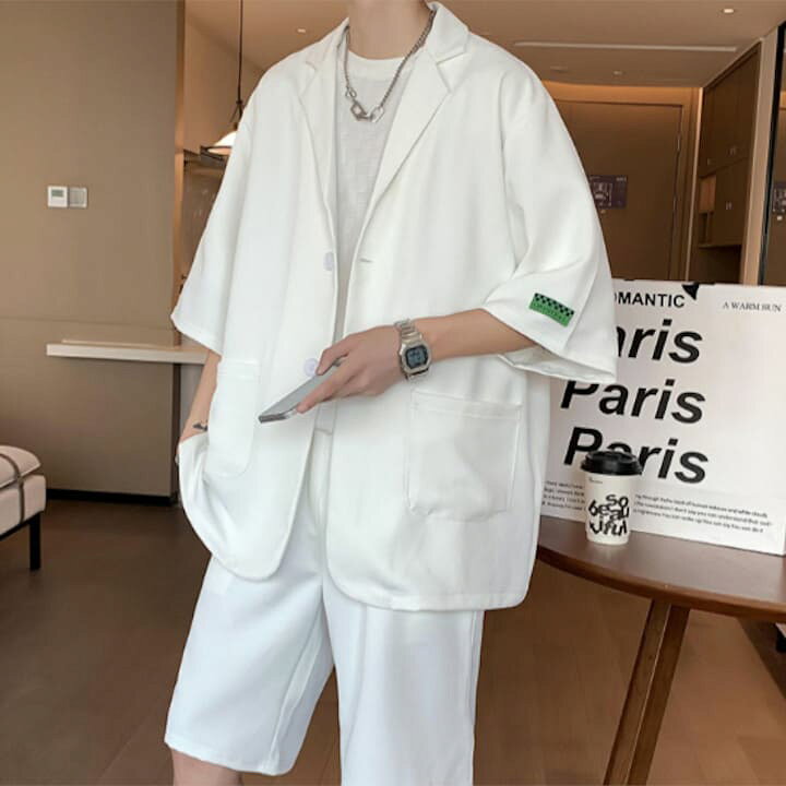 楽天市場 セットアップ メンズ 半袖 スーツ ジャケット ハーフパンツ 2点セット サマースーツ 韓国 原宿 ストリート 通勤 高校生 中学生 通学 10代 代 夏 ファッション オシャレ Threefashion