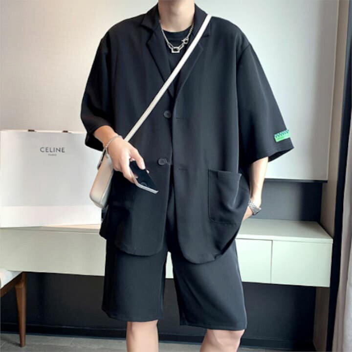 セットアップ メンズ 半袖 スーツ スタンドカラー カジュアルシャツ ハーフパンツ 2点セット サマースーツ 韓国 原宿 ストリート 通勤 高校生 中学生 通学 10代 代 夏 ファッション オシャレ 高級