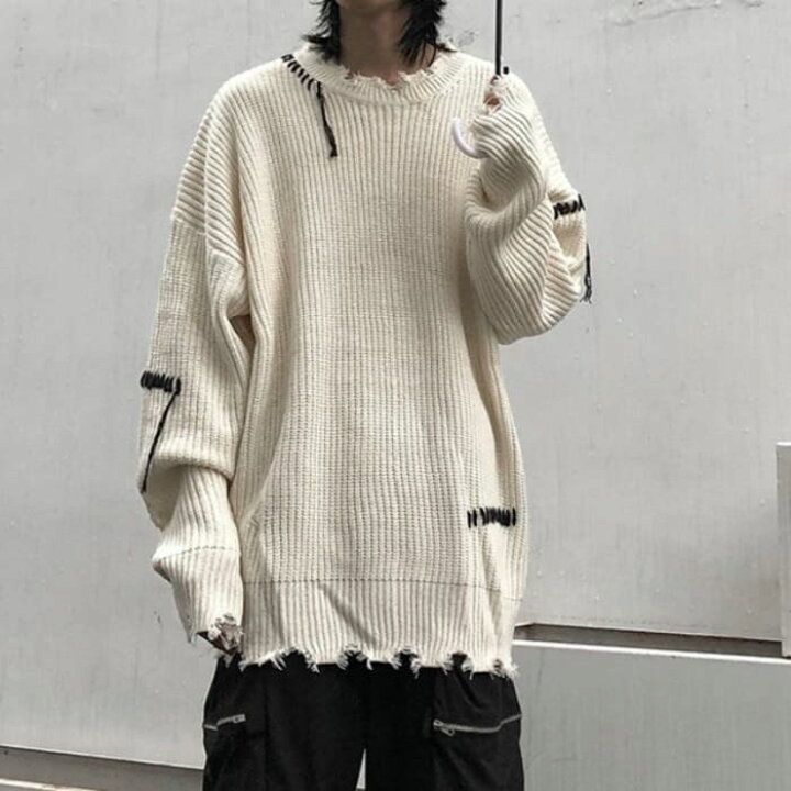 楽天市場 韓国 ファッション メンズ セーター ラウンドネック リブ ダメージ ニット Threefashion