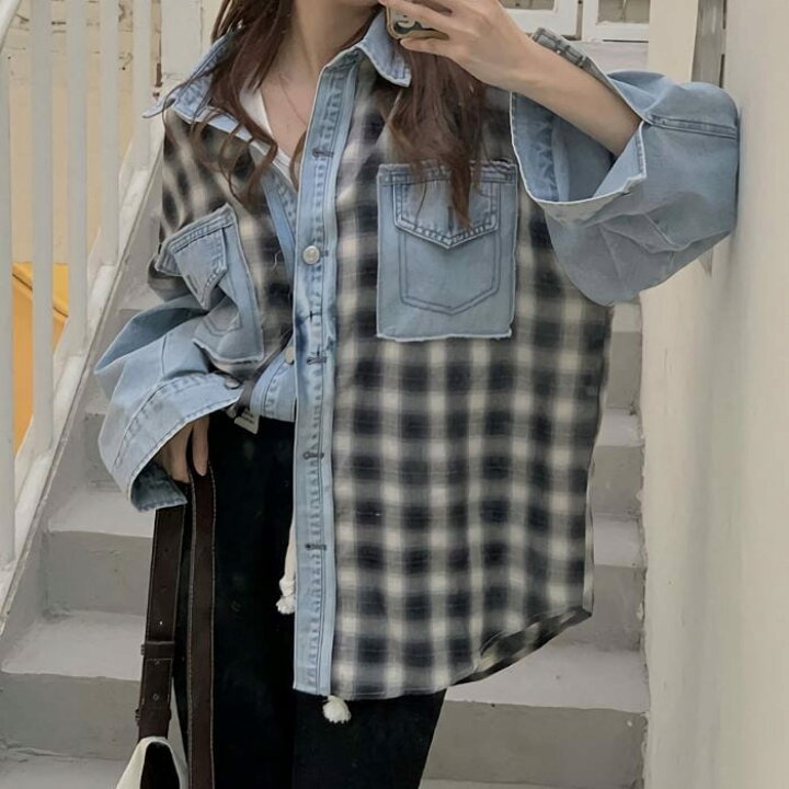 100 本物保証 中学生 高校生 ファッション デニムシャツ チェック 切替 10代 韓国 おしゃれ レディース 春 秋 トップス Cartridge Europe Tilburg Com