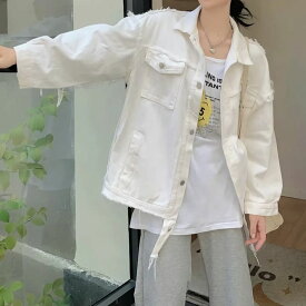 ホワイトダメージデニムジャケット ダメージ加工が特徴的 レディース 韓国 アウター 高校生 中学生 b12606