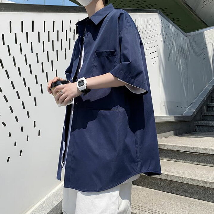 楽天市場 カジュアル シャツ メンズ オーバーサイズ 前ポケット デザイン 5分袖 夏 トップス 韓国 原宿 ストリート 通勤 高校生 中学生 通学 10代 代 ファッション オシャレ Threefashion