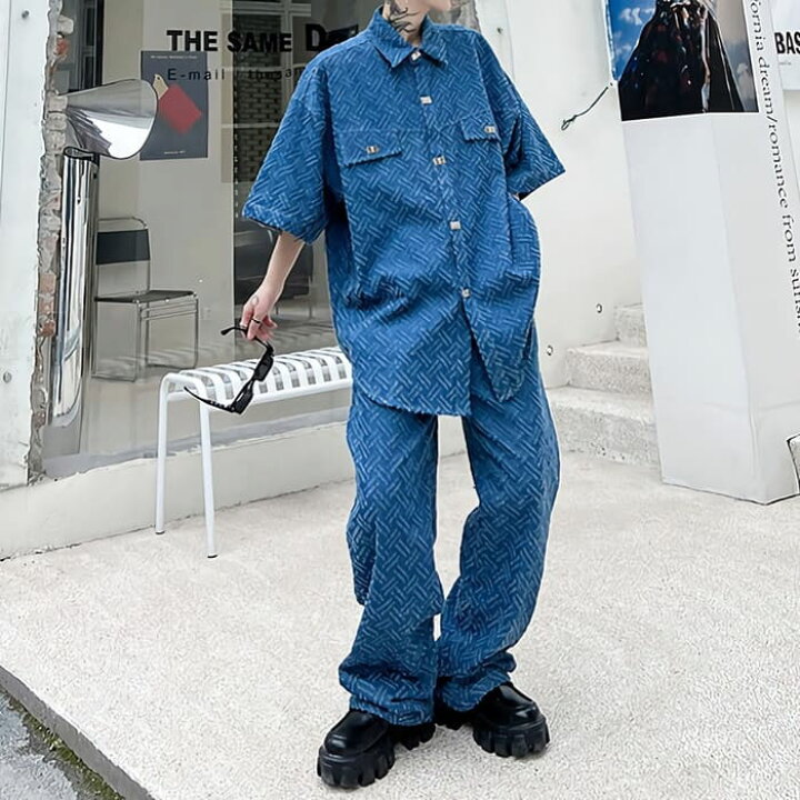 楽天市場 セットアップ メンズ デニム 半袖 スーツ カジュアルシャツ ストレート ロング パンツ 2点セット サマースーツ 韓国 原宿 ストリート 通勤 高校生 中学生 通学 10代 代 夏 ファッション オシャレ Threefashion