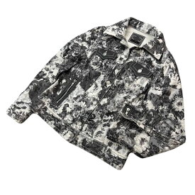 【中古】伊太利屋 ☆ イタリヤ 派手柄 唯一無二 デザイン コットン ストレッチ ジャケット ホワイト ブラック 11 春 秋 個性派 モード 古着■AB362