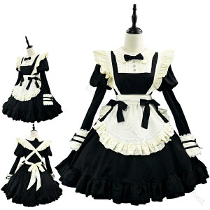 メイド服 パフスリーブ 長袖 黒 白 ワンピース Lolita 大きいサイズ 裾フリル メイドカフェ 萌え レディース メイドドレス コスプレ コスチューム ガーリー 配色 仮装 可愛い cosplay 喫茶店 学園