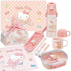 ハローキティ ビッグリボン お買得7点セット 抗菌 お弁当箱 中子付 360ml トリオ コップ 2WAY水筒 巾着 レジャーシート ランチクロス