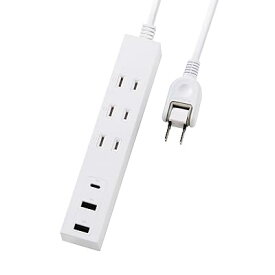 電源タップ USB コンセント 15W AC×3個口 USB-A×2 USB-C×1 3m 極性プラグ対応 (N極) ホワイト ECT-38-3A2