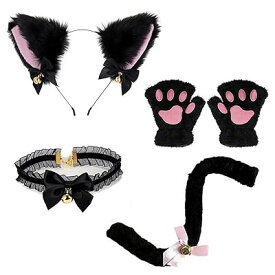 猫耳 カチューシャ 首輪 肉球手袋 しっぽ 可愛い 鈴付き 蝶結び 仮装小物 ハロウィン コスプ