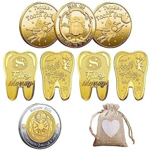 BTtime 歯の妖精コイント 8枚入り 褒美金貨記念コイン 歯と交換するコイン 乳歯生え変わり期 遊び道具 乳歯生え変わり記念 収納袋付き