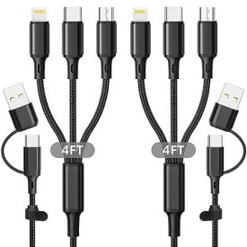 5 in 1 マルチ充電ケーブル 2パック 4フィート マルチUSBユニバーサル電話充電ケーブル USB A/C - 電話 USB C マイクロUSBライトニングコネクタ ナイロン編組充電コード iPhone/Samsung対応 - ブラック