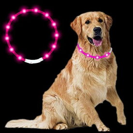 Sazuik 最新型 犬用光る首輪 発光首輪 usb充電式 装着簡単 柔らかい 軽量 サイズ調整可能 ペット 犬 猫 LED光る首輪 安全対策 視認性 3つの発光モード (ピンク)