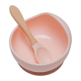 Wooden Teether ベビー用食器 吸盤ボウル シリコン スプーン付き 赤ちゃん 滑り止め 離乳食セット こぼれ防止 ひっくり返し防止 電子レンジ食洗器対応 おわん お祝い ギフト プレゼント ピーチ