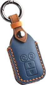 【smasol】新型ジムニー 64系 スペーシアカスタム キーケース クロスビー キーカバー ソリオ 本革 スマートキーケース カスタム パーツ ドレスアップ (本革、ブルー / 4ボタン)