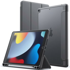 JEDirect iPad 9/8/7 マットケース（10.2インチ、 2021/2020/2019モデル、 第9/8/7世代用）Pencilホルダー つや消しの半透明の背面 薄型 スタンド 保護 タブレットカバー (スペースグレイ)