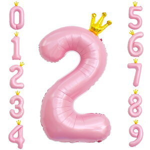 GRESATEK バルーン 数字 風船 誕生日 40インチ 大きい ナンバー2 バースデーバルーン 王冠付き クラウン 飾り付け 結婚式 パーティー 記念日 ウェディング ピンク