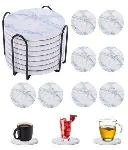 Lartisan コースター 8枚セット セラミック製 大理石模様 おしゃれ 吸水 速乾 断熱 珪藻土よりも良い 茶パッド カップマット 円型 保護コルク裏面 ホルダー付き (8)