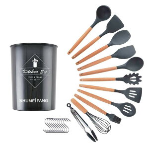 shumeifang キッチンツールセット シリコン 木製 11点セット 調理器具 製菓器具 トング 泡立て器 スパチュラ フライ返し おたま スプーン レードル パスタサーバー 黒