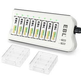 EBL 単3充電池充電器セット 8スロット充電器+単三充電池（2800mAh*8）セット 単3/単4電池 充電式 ニッケル水素/ニカド充電池に対応 単3電池充電器セット