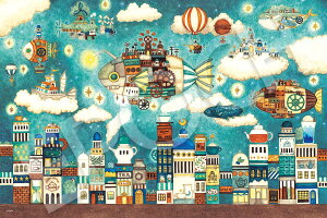 エポック社 1000ピース ジグソーパズル イラスト/アート 西村典子 空想街カフェの奥の空飛ぶ魚の街 (50×75cm) 12-620s のり付き ヘラ付き 点数券付き EPOCH