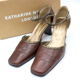 キャサリン・ハムネット スクエアトゥパンプス レザー アンクルストラップ 靴 レディース 24.5cmサイズ ブラウン KATHARINE HAMNETT 【中古】