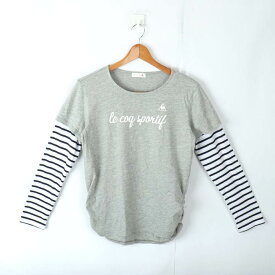 【4/20 11:00から 50%OFFクーポン】ルコックスポルティフ 長袖Tシャツ レイヤード風 ロゴ スポーツウエア レディース Mサイズ グレー×ホワイト×ネイビー le coq sportif 【中古】