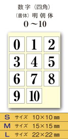 　数字シール「四角」　シール　書体「明朝体」　カラーは7色x3サイズサイズ・文字色を選択して下さい