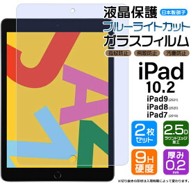 【ブルーライトカット】【安心の2枚セット】iPad 10.2 ( iPad9 2021 第9世代 / iPad8 2020 第8世代 / iPad7 2019 第7世代 ) ガラスフィルム 強化ガラス 液晶保護 飛散防止 指紋防止 硬度9H 2.5Dラウンドエッジ加工 タブレット 10.2インチ アイパッド 第9/8/7世代用 モデル