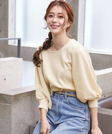 【新色追加】異素材パフ袖トップスレディース ファッション 服 30代 40代 長袖 プルオーバー ニット トップス パフ袖 シフォン クルーネック ラウンドネック 異素材使い 無地 洗える ウォッシャブル 秋 冬 春