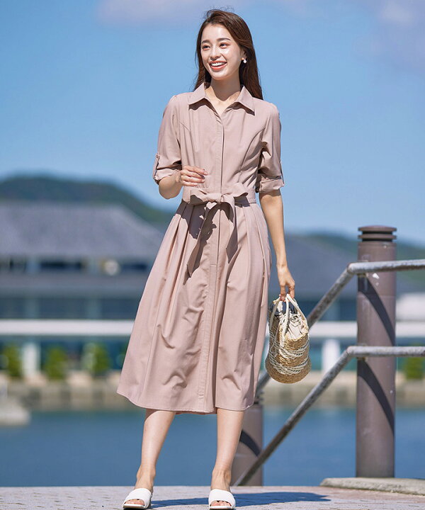 BEIGE ウールグレー シャツワンピース 半袖 ウエストベルト付きふ 