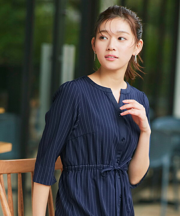 楽天市場】配色キーネックストライプワンピース レディース フィット  