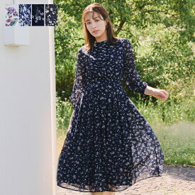 花柄フリルドレープワンピース レディース ロングワンピ ドレープ 膝丈 ミモレ丈 ミディアム丈 長袖 クルーネック ラウンドネック フィット&フレア タック 後ろウエストゴム 洗える ウォッシャブル ドッキング 小顔効果 楽ちん 秋 春 夏