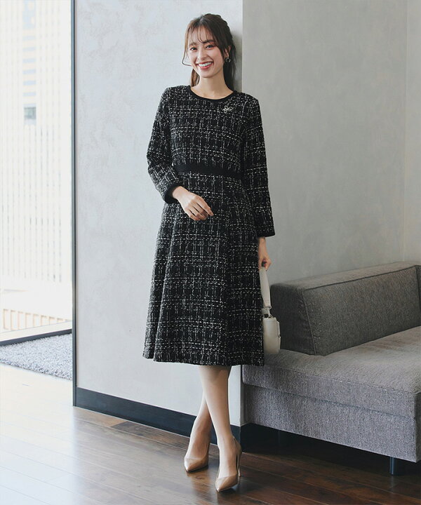 キュービックボタン パフ袖 Aライン ツイードワンピース ブラック