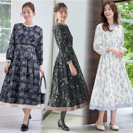 トワルドジュイ配色ワンピース レディース ワンピース フィット＆フレア 配色 花柄 フラワー モノトーン ミモレ トワルドジュイ シャツワンピース ウエストゴム 楽ちん 通勤 OL オフィス 大人 上品 きれいめ 春 夏 秋 体型カバー 大きいサイズ 春 秋 冬 シワになりにくい