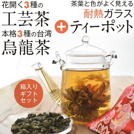中国茶器・茶葉セットB（耐熱ガラスティーポット＋工芸茶＋台湾烏龍茶 ）ギフトお歳暮お中元プレゼント