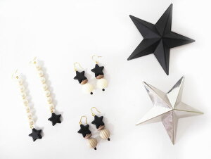 【メール便OK】レトロ積み木ピアスイヤリングヴィンテージスター星/ビーズレトロ調アンティークブラックブラウンアクリルビーズ大振り大ぶり【金属アレルギーイヤリング樹脂無料で変更可能】