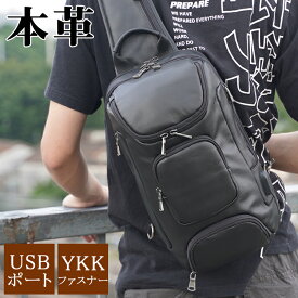USBポート YKK 仔牛革 本革 メンズ ボディバッグ ワンショルダーバッグ 大容量 11インチiPad対応 カーフレザー ブラック 潮牛